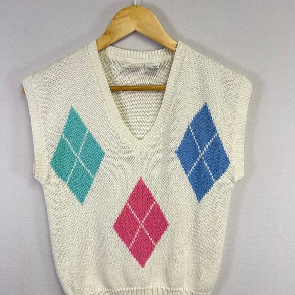 Woman's Cream Pullover Sweater Vest - Size Petite Small Academia Preppy - Picture 2 of 7